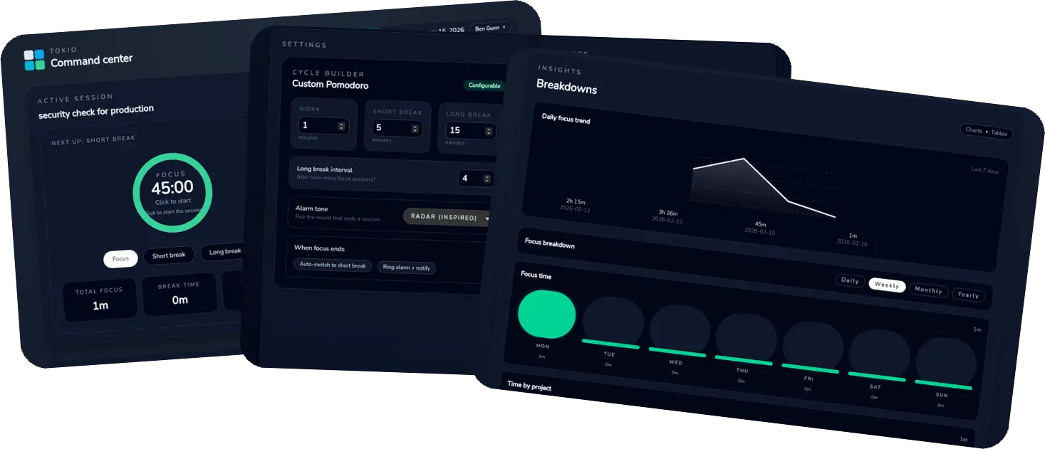 Tokio Focus interface preview showing sessions, reports, and settings cards